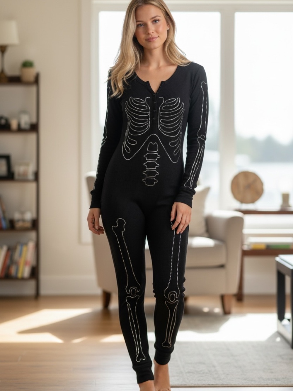 PINK Victoria's Secret Black Skeleton Thermal Onesie Pajamas